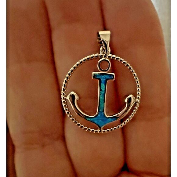 Blue Lab Opal Anchor Pendant 925 Silver Naval Retirement or Cruise Vacation Gift - Picture 6 of 6